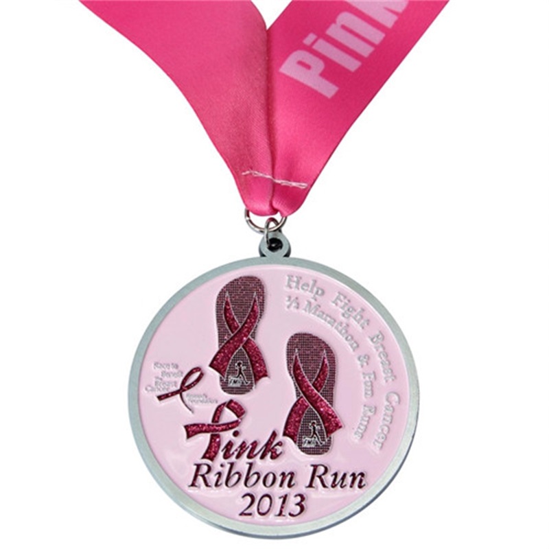 Medalhas de corrida de impressão rosa para mulheres medalha de maratona esportiva de metal personalizada com fita